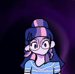 Size: 378x372 | Tagged: safe, artist:dummymcsnortee, derpibooru import, sci-twi, twilight sparkle, human, equestria girls, g4, clothes, cypher, detailed background, digital art, ears, expression, glasses, humanized, lowres, ms paint, multicolored hair, no mouth, ponytail, purple skin, round glasses, shirt, solo, striped shirt, swirly background, worried