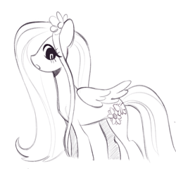 Size: 1931x1843 | Tagged: safe, artist:risswm, derpibooru import, fluttershy, pegasus, pony, alternate cutie mark, female, flower, flower in hair, grayscale, looking down, mare, monochrome, open mouth, profile, simple background, sketch, solo, white background
