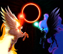 Size: 6000x5093 | Tagged: safe, artist:atelgo-starfall, derpibooru import, daybreaker, nightmare moon, alicorn, pony, g4, absurd resolution, antagonist, black background, blue eyes, blue mane, blue tail, crepuscular rays, digital art, duo, duo female, eclipse, ethereal mane, ethereal tail, eyeshadow, feather, female, flowing mane, flowing tail, flying, gem, glowing, glowing horn, golden eyes, helmet, hoof shoes, horn, looking at each other, looking at someone, magic, makeup, mane of fire, mare, open mouth, peytral, princess shoes, simple background, smiling, smiling at each other, sparkles, spread wings, stars, sunlight, tail, tail of fire, villainess, wings