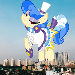 Size: 1280x1280 | Tagged: safe, artist:dashiesparkle, derpibooru import, edit, editor:jaredking779, sapphire shores, earth pony, pony, g4, attack on pony, clothes, eyeshadow, female, giant pony, giantess, hat, highrise ponies, ho chi minh, irl, lidded eyes, macro, makeup, mare, photo, ponies in real life, raised hoof, raised leg, red eyes, solo, story included, vietnam