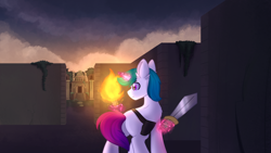 Size: 3840x2160 | Tagged: safe, artist:lbrcloud, derpibooru import, oc, oc only, pony, unicorn, 4k, butt, commission, facing away, frown, glowing, glowing horn, high res, horn, labyrinth, levitation, magic, male, plot, ruins, solo, stallion, sword, telekinesis, temple, torch, weapon