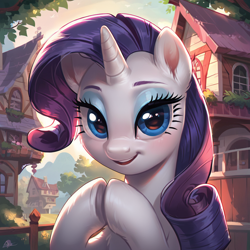 Size: 1024x1024 | Tagged: safe, ai content, derpibooru import, generator:pony diffusion v6 xl, generator:stable diffusion, machine learning generated, rarity, unicorn, g4, fence, hooves together, horn, houses, looking at you, smiling, smiling at you, solo, tree