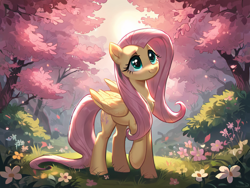 Size: 1024x768 | Tagged: source needed, safe, ai content, derpibooru import, generator:pony diffusion v6 xl, generator:stable diffusion, machine learning generated, fluttershy, pegasus, pony, cherry blossoms, chest fluff, flower, flower blossom, grass, looking up, prompter needed, raised hoof, raised leg, solo, sunlight, tree