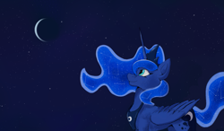 Size: 1847x1081 | Tagged: safe, artist:draoicat, derpibooru import, princess luna, alicorn, pony, g4, concave belly, constellation hair, crescent moon, female, looking up, mare, moon, night, slender, smiling, solo, stars, thin