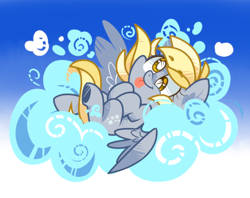 Size: 1200x950 | Tagged: safe, artist:yokokinawa, derpibooru import, derpy hooves, pegasus, pony, g4, cloud, cute, derpabetes, gradient background, on a cloud, smiling, solo, tongue, tongue out