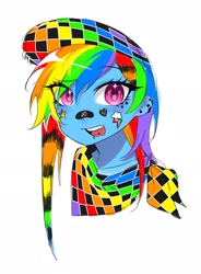 Size: 1506x2048 | Tagged: safe, artist:mlp_1121, derpibooru import, rainbow dash, human, equestria girls, g4, bandaid, bandaid on nose, bust, ear piercing, earring, eye clipping through hair, eyebrows, eyebrows visible through hair, facial piercing, female, hat, humanized, jewelry, neckerchief, piercing, scene kid, simple background, solo, sticker, tongue piercing, white background