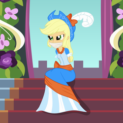 Size: 2000x2000 | Tagged: safe, artist:nie-martw-sie-o-mnie, derpibooru import, part of a set, applejack, human, equestria girls, g4, magical mystery cure, applesub, arm behind back, cloth gag, clothes, coronation dress, cowboy hat, dress, female, femsub, gag, hands behind back, hat, jewelry, necklace, sitting, solo, stairs, submissive