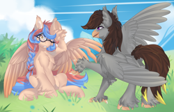 Size: 4200x2700 | Tagged: safe, artist:xvostik, derpibooru import, oc, oc only, oc:dracey, oc:luxor, classical hippogriff, hippogriff, pegasus, braid, chest fluff, cloud, colored wings, duo, ear fluff, ears, female, glasses, gradient wings, grass, hoof fluff, injured wing, male, one eye closed, pegasus oc, raised hoof, raised leg, raised paw, single fang, sitting, sky, spread wings, tail, two toned mane, two toned tail, unshorn fetlocks, wings