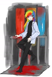 Size: 1493x2200 | Tagged: safe, artist:mlp_1121, derpibooru import, rainbow dash, human, fanfic:rainbow factory, clothes, eye clipping through hair, eyebrows, eyebrows visible through hair, fanfic art, female, humanized, lab coat, solo