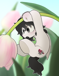 Size: 2100x2661 | Tagged: safe, artist:mochi_nation, derpibooru import, oc, oc only, oc:dream weaver, pegasus, blue sky, blushing, commission, cute, flower, grass, hanging, open mouth, sky, tulip