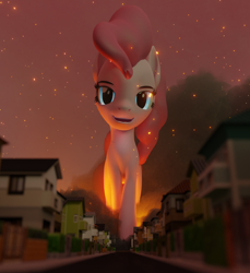 Size: 1080x1180 | Tagged: safe, artist:magnetvox, derpibooru import, pinkie pie, earth pony, pony, 3d, destruction, female, fire, giant pinkie pie, giant pony, giantess, house, looking at you, macro, mare, town
