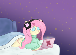 Size: 3509x2550 | Tagged: safe, artist:sparkfler85, derpibooru import, fluttershy, pegasus, pony, bed, clothes, computer, cute, freckles, freckleshy, hairclip, headphones, laptop computer, lying down, night, night sky, sky, solo, stars, sweater, sweatershy