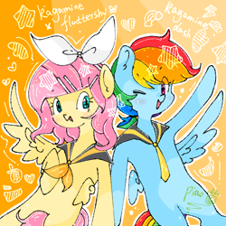 Size: 1080x1080 | Tagged: safe, artist:piaojun55154, derpibooru import, fluttershy, rainbow dash, pegasus, pony, g4, chibi, clothes, cosplay, costume, duo, duo female, female, kagamine len, kagamine rin, looking at you, one eye closed, vocaloid, wink