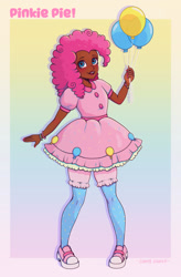 Size: 1024x1561 | Tagged: safe, artist:lovelylaurenarts, derpibooru import, pinkie pie, human, alternate hairstyle, balloon, blushing, bracelet, clothes, cute, dark skin, diapinkes, dress, female, gradient background, humanized, jewelry, nail polish, no more ponies at source, open mouth, shoes, shorts, sneakers, socks, solo, stockings, thigh highs