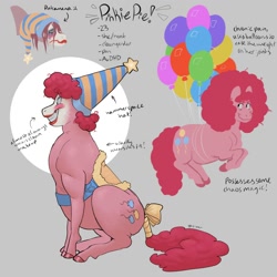 Size: 2000x2000 | Tagged: safe, artist:yas_per, derpibooru import, pinkie pie, earth pony, pony, afro, alternate design, balloon, clown makeup, flying, hat, party hat, pinkamena diane pie, saddle, solo, tack