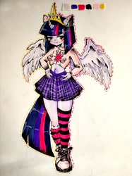 Size: 3472x4640 | Tagged: safe, artist:sheetofplywood8, derpibooru import, twilight sparkle, human, alicorn humanization, belly button, big crown thingy, boots, clothes, eared humanization, element of magic, female, horn, horned humanization, humanized, jewelry, midriff, pony coloring, regalia, shoes, skirt, socks, solo, striped socks, sweater, traditional art, winged humanization, wings