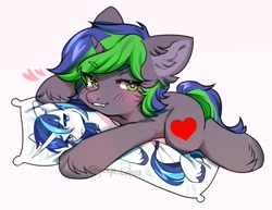 Size: 1314x1016 | Tagged: safe, artist:tyutya, derpibooru import, oc, oc:sparky starfall, pony, unicorn, blushing, body pillow, ear fluff, ears, heart, heart eyes, horn, lying down, male, prone, simple background, stallion, unshorn fetlocks, white background, wingding eyes