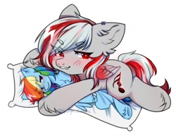 Size: 1314x1016 | Tagged: safe, artist:tyutya, derpibooru import, rainbow dash, oc, pegasus, pony, blushing, body pillow, ear fluff, ear piercing, earring, ears, eye clipping through hair, eyebrows, eyebrows visible through hair, female, heart, heart eyes, jewelry, lying down, mare, piercing, prone, simple background, unshorn fetlocks, white background, wingding eyes