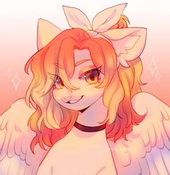 Size: 1996x2048 | Tagged: safe, artist:tyutya, derpibooru import, oc, oc only, pegasus, pony, abstract background, choker, ear fluff, ears, female, gradient background, mare, solo, spread wings, wings