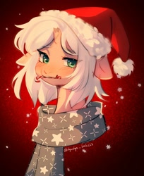 Size: 1653x2024 | Tagged: safe, artist:tyutya, derpibooru import, oc, oc only, pony, unicorn, abstract background, broken horn, candy, candy cane, christmas, clothes, female, food, hat, holiday, horn, mare, santa hat, scarf, solo