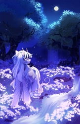 Size: 1325x2048 | Tagged: safe, artist:tyutya, derpibooru import, oc, oc only, original species, pony, curved horn, detailed background, ear fluff, ears, female, full moon, horn, horns, mare, moon, night, river, scenery, solo, stream, tree, unshorn fetlocks, water