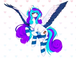 Size: 2048x1580 | Tagged: safe, artist:tyutya, derpibooru import, oc, oc only, pegasus, pony, abstract background, clothes, colored wings, commission, ear fluff, ears, female, mare, socks, striped socks, wings