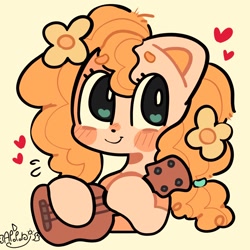 Size: 1280x1280 | Tagged: safe, artist:apoponi_happy, derpibooru import, pear butter, earth pony, pony, g4, blushing, bust, cute, female, flower, flower in hair, guitar, heart, mare, musical instrument, pearabetes, portrait, simple background, smiling, solo, yellow background