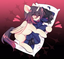 Size: 2048x1886 | Tagged: safe, artist:tyutya, derpibooru import, oc, oc only, alicorn, pony, abstract background, blushing, body pillow, commission, ear fluff, ears, female, gradient background, heart, heart eyes, hug, mare, one eye closed, wingding eyes, wink