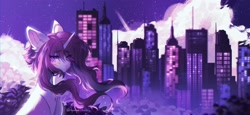 Size: 2048x941 | Tagged: safe, artist:tyutya, derpibooru import, oc, oc only, pony, unicorn, city, cityscape, detailed background, ear fluff, ears, female, horn, mare, night, solo, stars