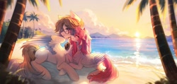 Size: 2048x976 | Tagged: safe, artist:tyutya, derpibooru import, oc, oc only, pegasus, pony, beach, chest fluff, colored wings, commission, cuddling, detailed background, duo, female, glasses, headphones, horns, lying down, male, mare, oc x oc, ocean, palm tree, prone, shipping, stallion, straight, tree, water, wings