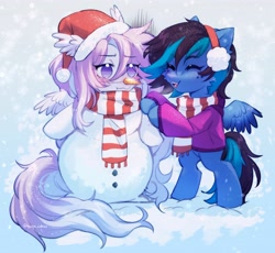 Size: 3810x3503 | Tagged: safe, artist:tyutya, derpibooru import, oc, oc only, pegasus, pony, bipedal, blushing, christmas, clothes, duo, earmuffs, female, hat, head wings, holiday, hoodie, mare, santa hat, scarf, snow, snowman, striped scarf, wings, winter