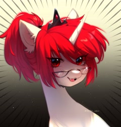 Size: 2974x3095 | Tagged: safe, artist:tyutya, derpibooru import, oc, oc only, pony, unicorn, abstract background, ear fluff, ears, eye clipping through hair, eyebrows, eyebrows visible through hair, female, glasses, gradient background, horn, jewelry, mare, regalia, solo