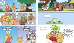 Size: 3870x2277 | Tagged: safe, artist:matchstickman, derpibooru import, goldie delicious, granny smith, pear butter, anthro, big cat, cat, earth pony, tiger, comic:the other side, g4, abs, back muscles, biceps, boxing gloves, breasts, busty goldie delicious, busty granny smith, busty pear butter, clothes, comic, cup, deltoids, dialogue, female, granny smash, high res, hoard, mare, matchstickman's pear buffer series, muscles, muscular female, pear buffer, pecs, speech bubble, teacup, trio, young goldie delicious, young granny smith, younger