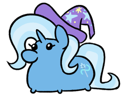 Size: 587x461 | Tagged: safe, artist:jargon scott, derpibooru import, trixie, clothes, cute, hat, lying down, ponyloaf, prone, simple background, smol, trixie's hat