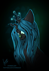 Size: 1640x2360 | Tagged: safe, artist:stirren, derpibooru import, queen chrysalis, insect, bust, cross-eyed, ears back, looking down, portrait