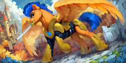 Size: 4096x2048 | Tagged: safe, ai content, derpibooru import, generator:pony diffusion v6 xl, generator:stable diffusion, machine learning assisted, machine learning generated, flash sentry, pegasus, pony, castle, guard, high res, outdoors, prompter:oranzinispegasiukas, royal guard, solo, sword, weapon