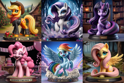 Size: 3072x2048 | Tagged: safe, ai content, derpibooru import, generator:bing image creator, generator:dall-e 3, machine learning generated, applejack, fluttershy, pinkie pie, rainbow dash, rarity, twilight sparkle, earth pony, pegasus, pony, unicorn, fallout equestria, g4, apple, apple tree, applejack's hat, balloon, barrel, blurry background, cake, cave, clothes, cloud, compilation, cowboy hat, crystal, detailed, eyes closed, fanfic art, female, figurine, food, forest, forest background, hat, high res, horn, library, long mane, looking at you, mane six, mare, ministry mares, ministry mares statuette, nature, neckerchief, open mouth, open smile, party, pose, prompter:tyto4tme4l, rainbow, raised hoof, raised leg, rearing, river, scenery, smiling, spread wings, standing, statuette, stream, tree, water, wings