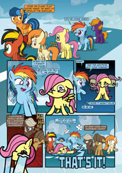 Size: 1920x2715 | Tagged: safe, artist:alexdti, derpibooru import, dumbbell, fluttershy, hoops, rainbow dash, oc, oc:kayla goldenwing, oc:purple creativity, pony, comic:how we met, female, filly, filly fluttershy, filly rainbow dash, foal, younger