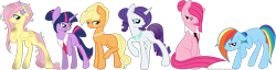 Size: 1600x412 | Tagged: safe, artist:monsterbunnies, derpibooru import, applejack, fluttershy, pinkie pie, rainbow dash, rarity, twilight sparkle, unicorn twilight, earth pony, pegasus, pony, unicorn, alternate universe, dirty, ear piercing, earring, ears back, female, flower, flower in hair, folded wings, glasses, group, grumpy, hair bun, hoof on chest, horn, jewelry, leaves, leaves in hair, mane six, mare, missing cutie mark, necklace, pearl necklace, physique difference, piercing, pinkamena diane pie, ponytail, raised hoof, raised leg, scar, sextet, simple background, sitting, slender, standing, tail, tail bun, thin, transparent background, updo, vine, wingless, wings