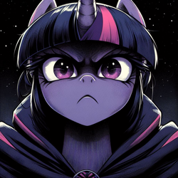 Size: 1024x1024 | Tagged: safe, ai content, derpibooru import, generator:bing image creator, generator:dall-e 3, machine learning generated, twilight sparkle, unicorn twilight, pony, unicorn, g4, cloak, clothes, frown, horn, manga style, outdoors, prompter:enterusxrname, solo, stars, stern