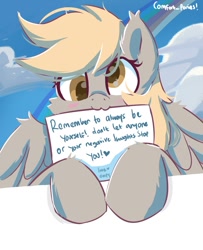 Size: 787x971 | Tagged: safe, artist:comfort_ponies, derpibooru import, derpy hooves, pegasus, pony, g4, cloud, cute, female, looking at you, mare, positive ponies, rainbow, simple background, sky, solo, spread wings, text, wings