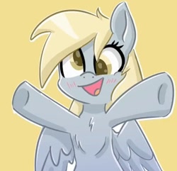 Size: 568x547 | Tagged: safe, artist:comfort_ponies, derpibooru import, derpy hooves, pegasus, pony, g4, comfort ponies is trying to murder us, cute, female, looking at you, mare, positive ponies, simple background, smiling, solo, spread hooves, spread wings, weapons-grade cute, wings, yellow background