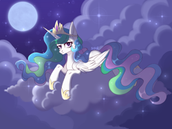 Size: 2160x1620 | Tagged: safe, artist:cursed soul, derpibooru import, princess celestia, alicorn, complex background, full body, moon, night, night sky, sky, solo, stars