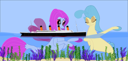 Size: 9663x4611 | Tagged: safe, artist:oceanrailroader, derpibooru import, princess skystar, merpony, seapony (g4), g4, coral, dorsal fin, female, fin, fin wings, fins, fish tail, flower, flower in hair, flowing mane, flowing tail, looking at each other, looking at someone, macro, ocean, salina blue, scales, seaweed, ship, swimming, tail, titanic, underwater, water, wings