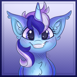 Size: 1500x1500 | Tagged: safe, artist:starcasteclipse, derpibooru import, minuette, pony, unicorn, bust, chest fluff, cute, ear fluff, ears, eye clipping through hair, female, grin, happy, horn, looking at you, mare, minubetes, portrait, shiny teeth, smiling, smiling at you, solo
