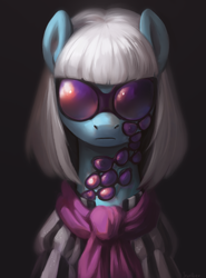 Size: 2196x2970 | Tagged: safe, alternate version, artist:jewellier, derpibooru import, photo finish, earth pony, pony, g4, bust, clothes, female, glasses do not belong there, joke, mare, portrait, simple background, solo, sunglasses