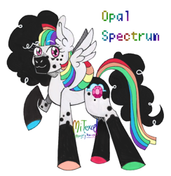 Size: 1410x1447 | Tagged: safe, artist:mitexcel, derpibooru import, oc, oc only, oc:opal spectrum, pegasus, :3, coat markings, colored hooves, colored muzzle, colored wings, curly hair, curly mane, dappled, digital art, mismatched hooves, mixed media, multicolored hair, multicolored wings, outline, pink eyes, rainbow hair, rainbow tail, rainbow wings, raised hoof, raised leg, simple background, smiling, solo, spread wings, straight mane, tail, traditional art, transparent background, wings