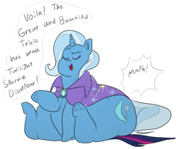 Size: 913x769 | Tagged: safe, artist:polofastter, artist:secretgoombaman12345, derpibooru import, trixie, twilight sparkle, pony, unicorn, ask chubby diamond, g4, butt, chubby cheeks, clothes, dialogue, eyes closed, faceful of ass, facesitting, fat, female, flank, flattened, hat, horn, huge butt, impossibly large butt, large butt, mare, obese, plot, the great and bountiful trixie, trixdom