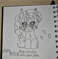 Size: 8904x9096 | Tagged: safe, artist:keksiarts, derpibooru import, sugar belle, pony, unicorn, g4, blushing, bust, cute, doodle, female, horn, mare, sketch, solo, traditional art