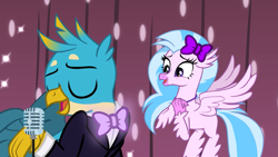 Size: 1191x671 | Tagged: safe, artist:disneymarvel96, derpibooru import, gallus, silverstream, griffon, hippogriff, g4, bow, bowtie, clothes, cute, duo, female, gallabetes, gallstream, glowing, hair bow, light up, male, microphone, shipping, singing, straight, suit